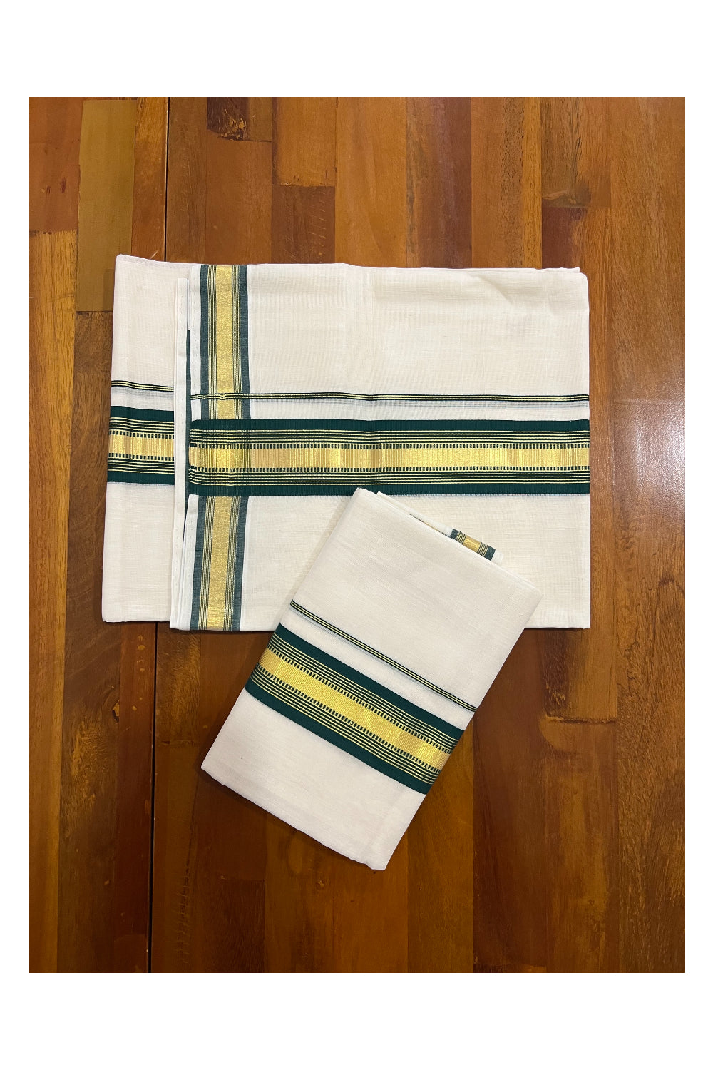 Southloom Premium Handloom Set Mundu with Kasavu and Green Border 2.70 Mtrs