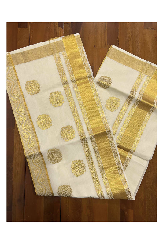 Southloom™ Original Handloom Cotton Kasavu Heavy Work Saree with Floral Woven Design