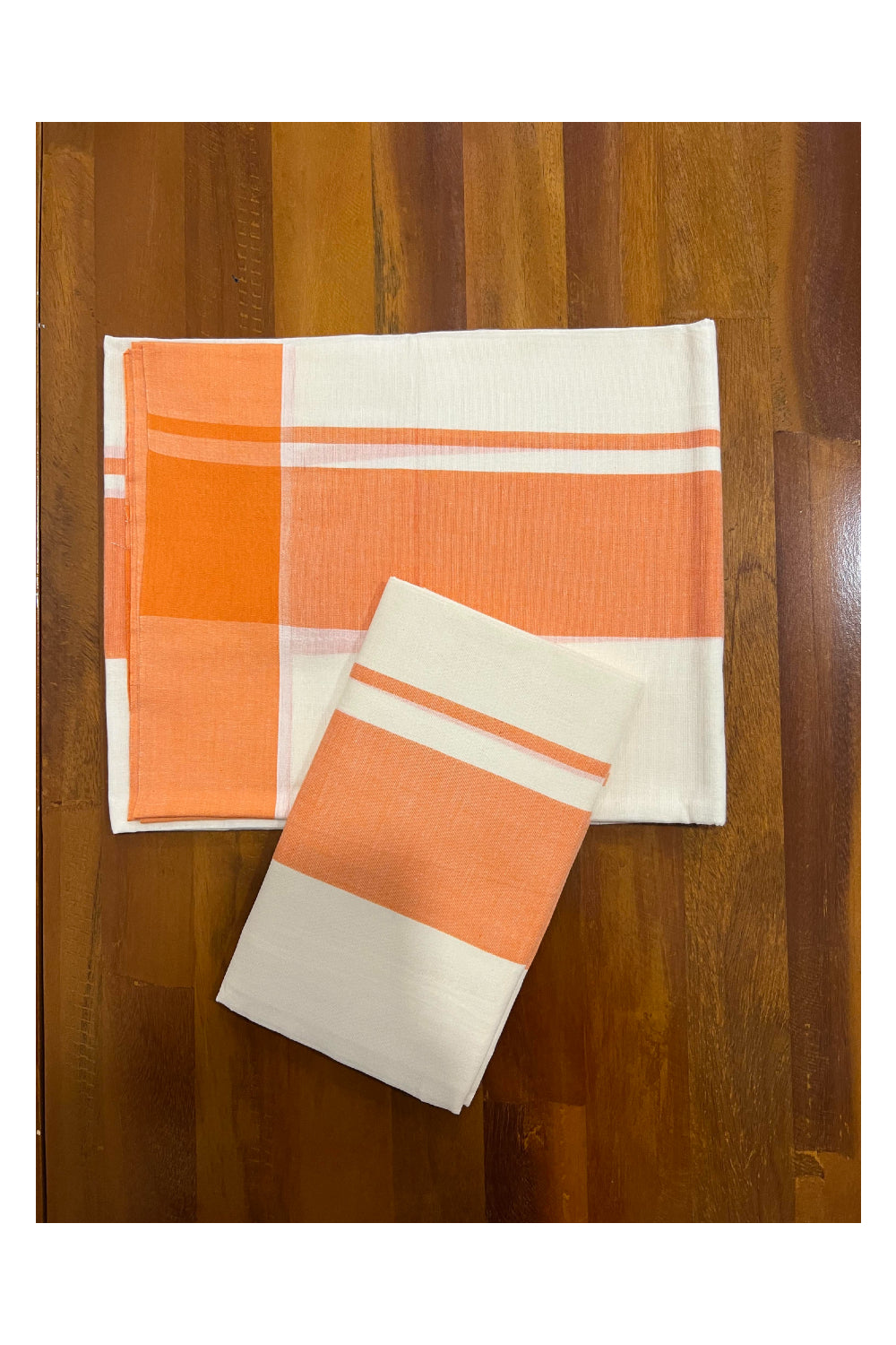 Kerala Cotton Mundum Neriyathum Single (Set Mundu) with Orange Border