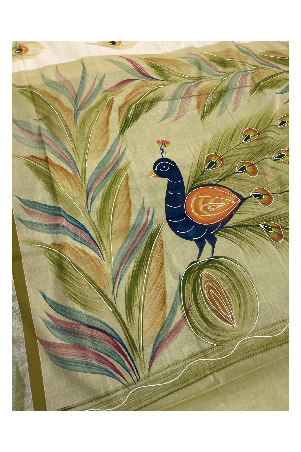 Southloom Light Green Handpainted Mural Kerala Kasavu Saree with Peacock Art