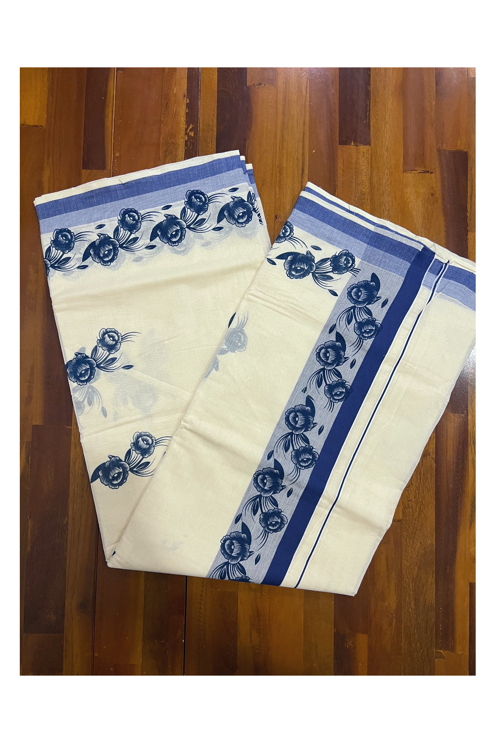 Pure Cotton Kerala Saree with Floral Blue Printed Design