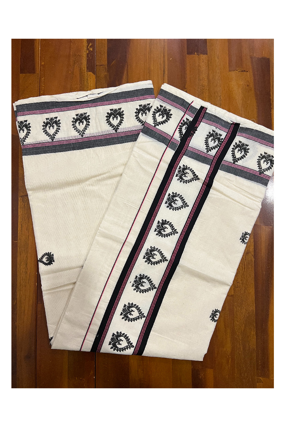 Pure Cotton Kerala Saree with Black Block Prints and Black Pink Border