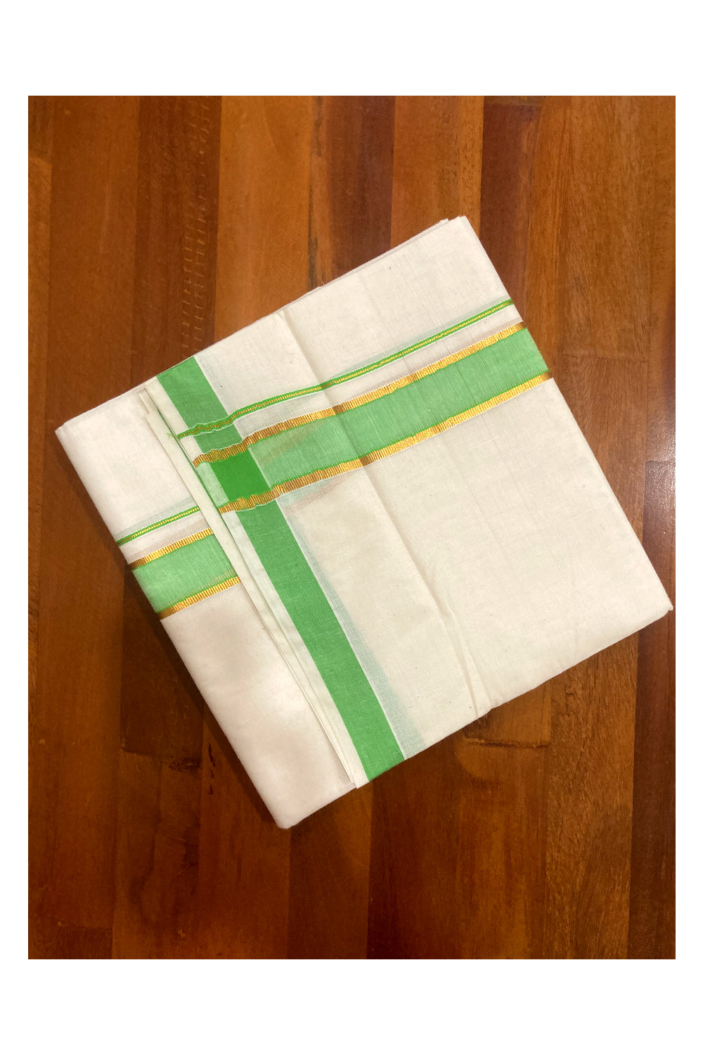 Pure Cotton Double Mundu with Green and Kasavu Border (South Indian Dhoti)