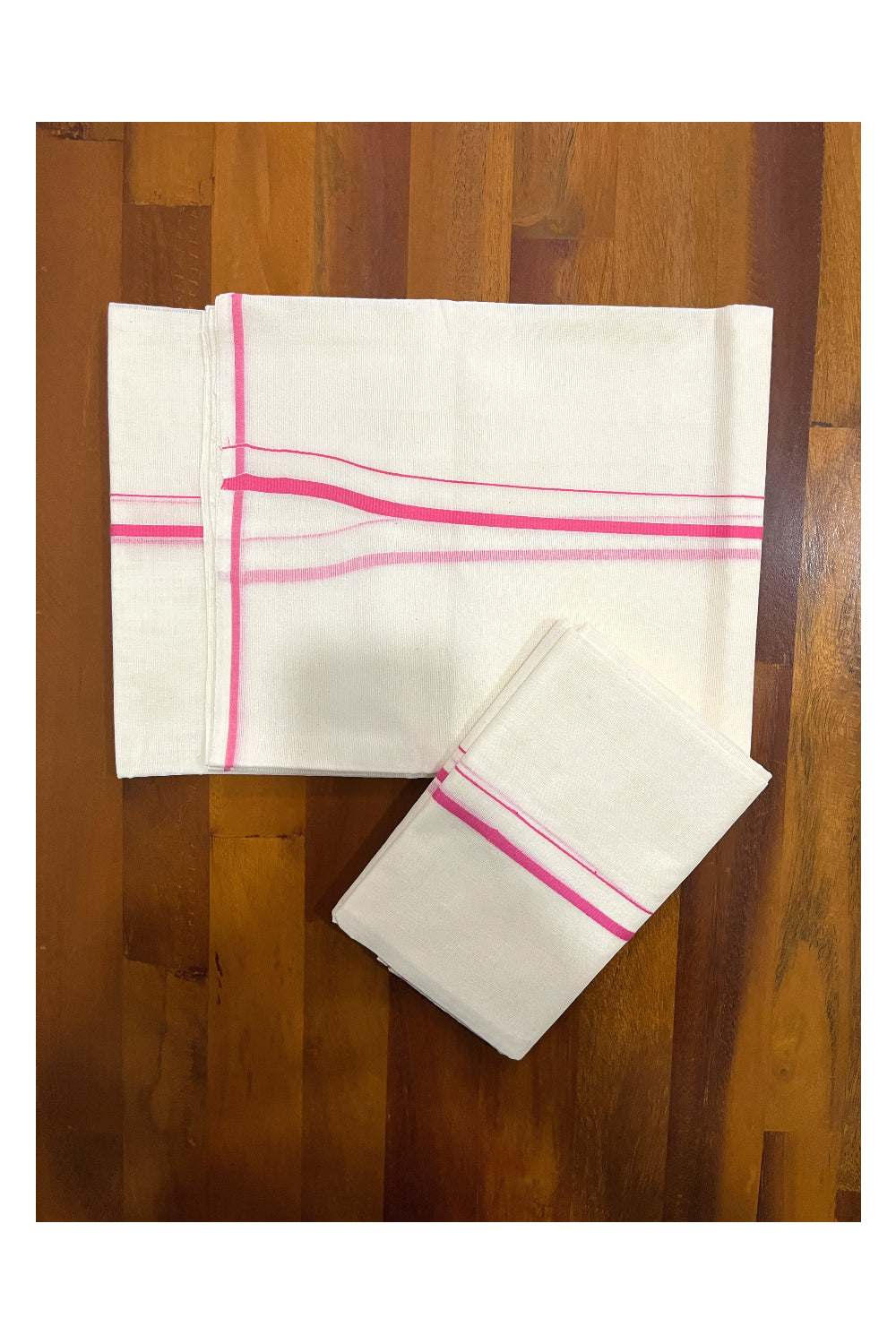 Kerala Cotton Mundum Neriyathum Single (Set Mundu) with Pink Line Border