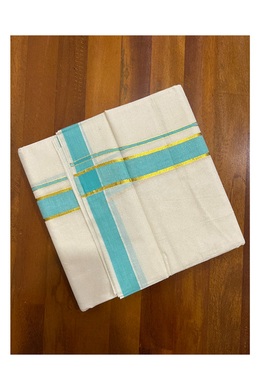 Off White Kerala Double Mundu with Kasavu and Turquoise Border (South Indian Dhoti)