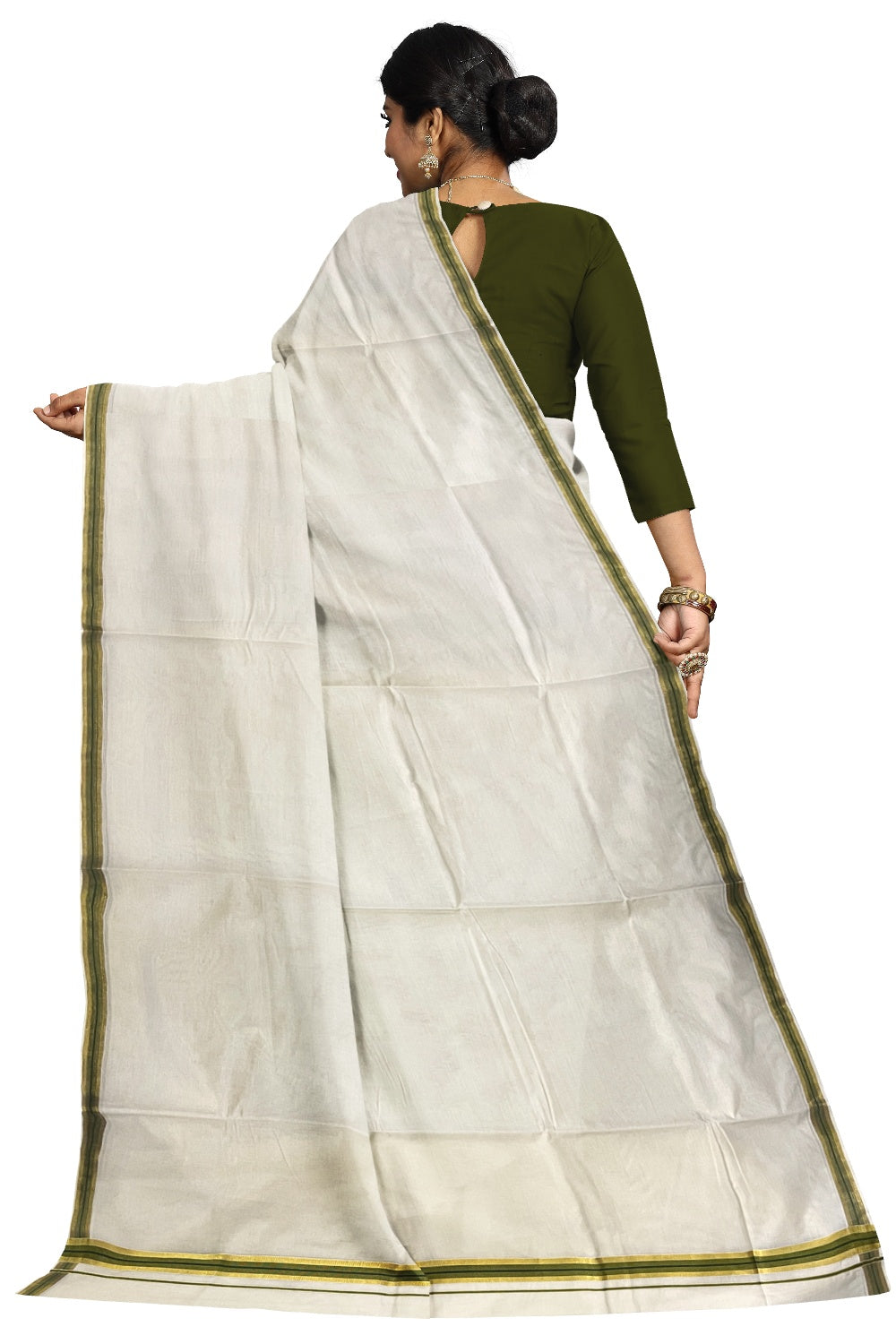 Kerala Pure Cotton Plain Saree with Kasavu and Green Border