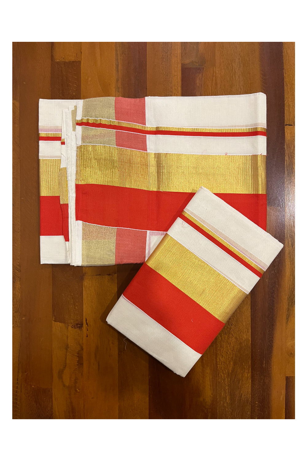 Pure Cotton Kerala Single Set Mundu (Mundum Neriyathum) with Orange and Kasavu Border 2.80 Mtrs