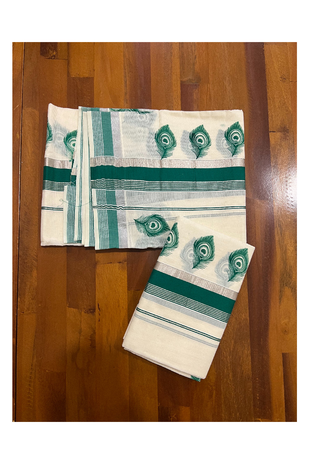 Kerala Cotton Set Mundu (Mundum Neriyathum) with Green Feather Block Prints and Silver Border