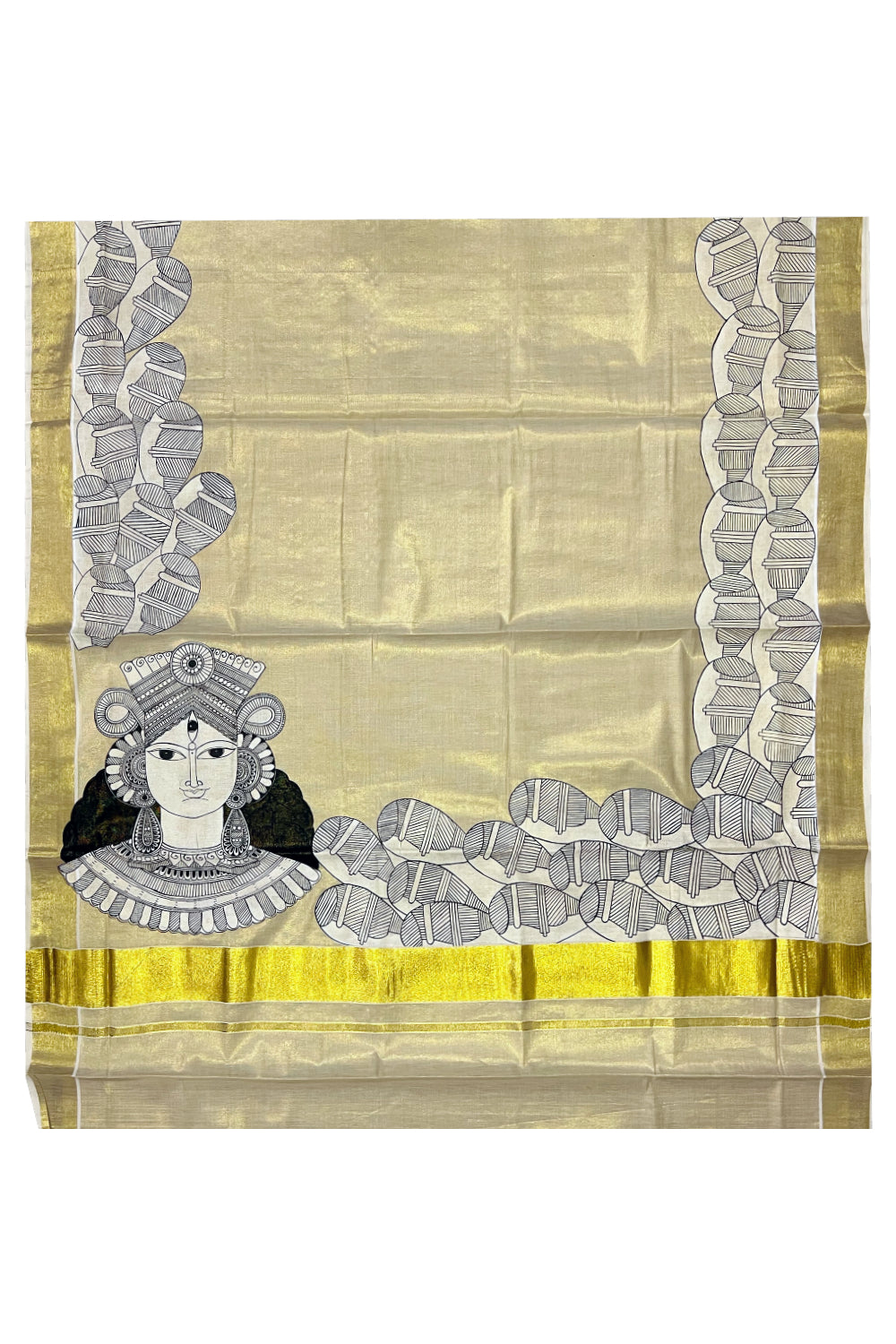 Kerala Kasavu Tissue Saree with Hand Painted Works on Body