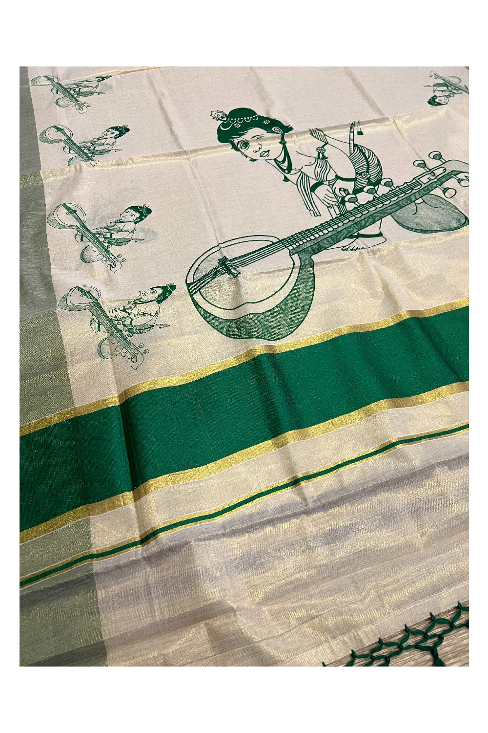 Kerala Tissue Kasavu Mural Printed Saree with Baby Krishna Design and Green Border