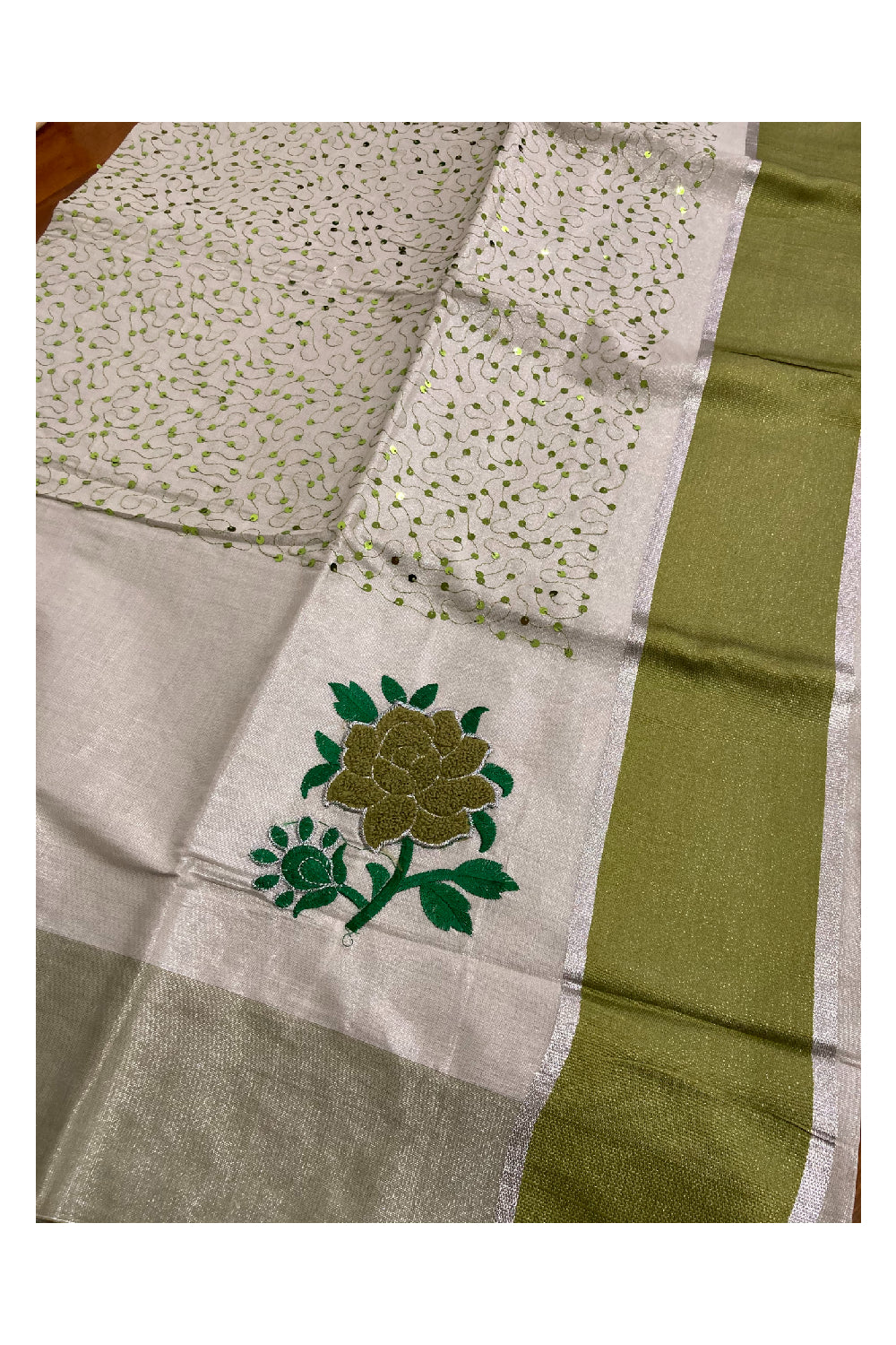 Silver Tissue Kasavu Saree with Olive Green Floral and Sequins Decorative Work