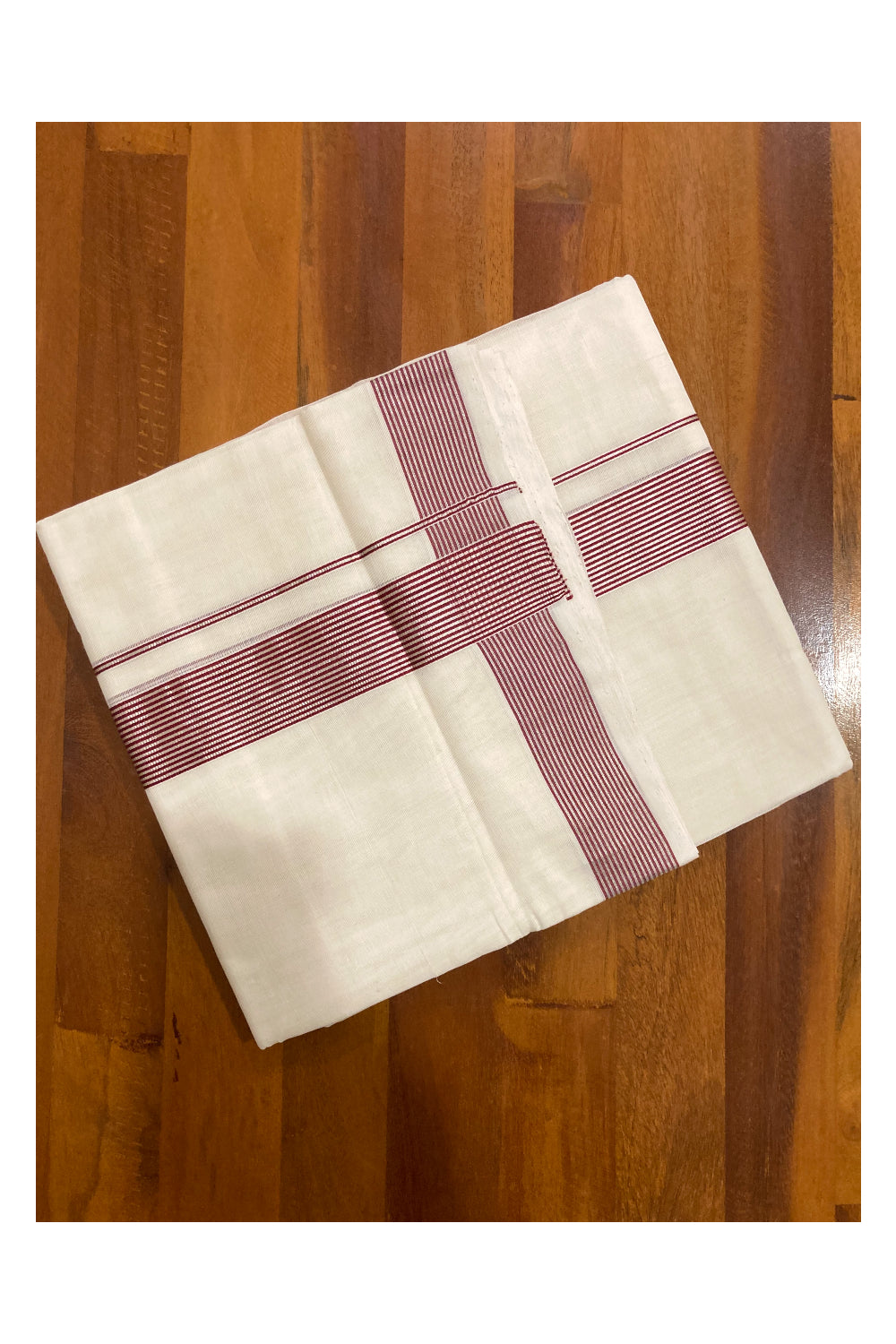 Southloom Premium Handloom Pure Cotton Mundu with Maroon and Silver Kasavu Lines Border (South Indian Dhoti)