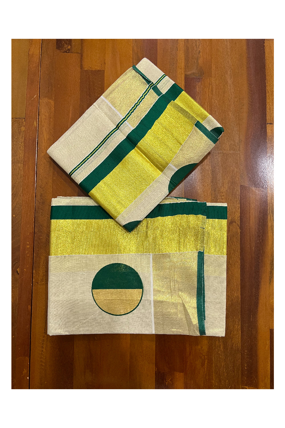 Kerala Tissue Kasavu Set Mundu (Mundum Neriyathum) with Green and Kasavu Block Print Design