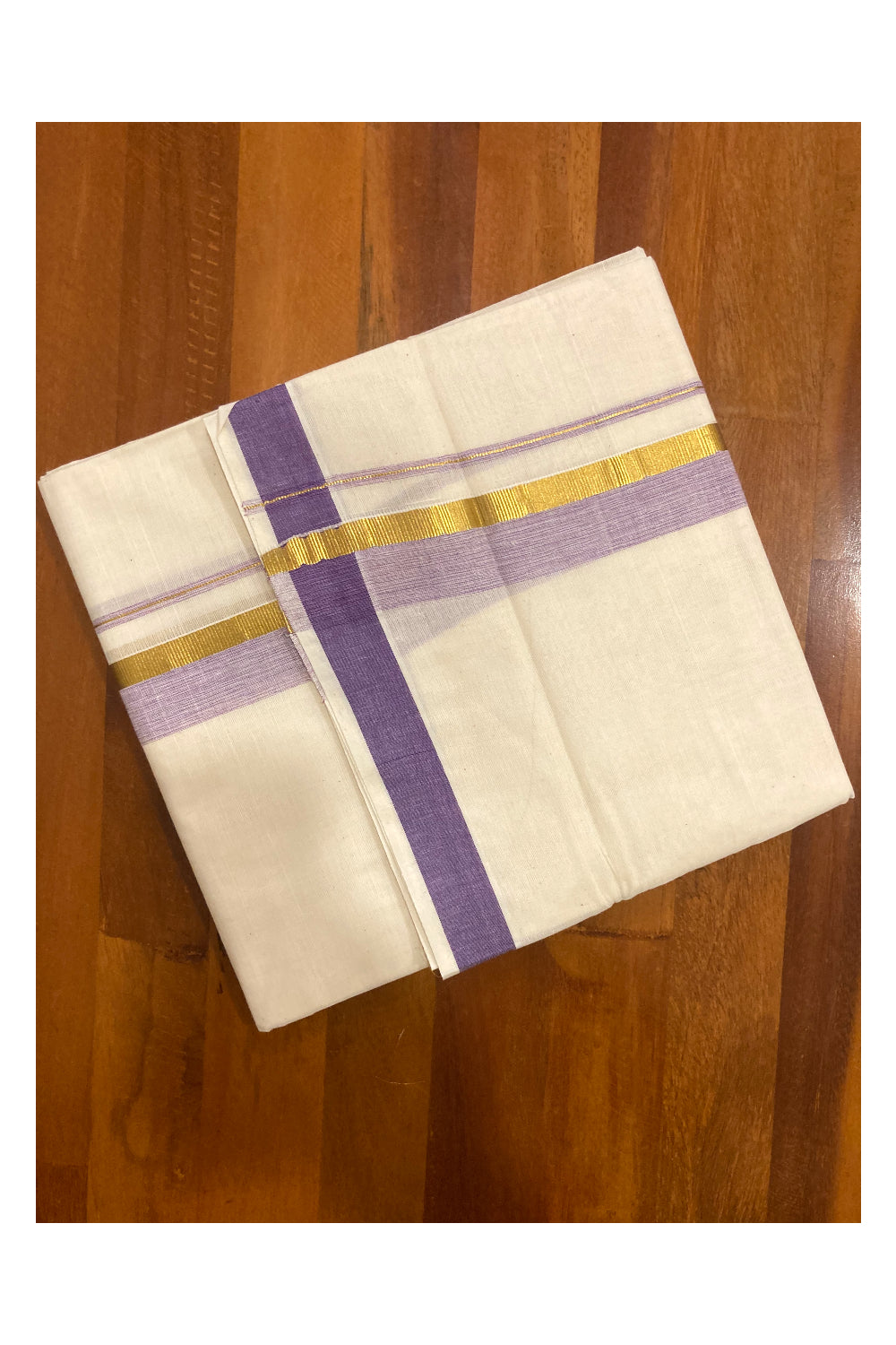 Pure Cotton Off White Double Mundu with Violet and Kasavu Border (South Indian Dhoti)