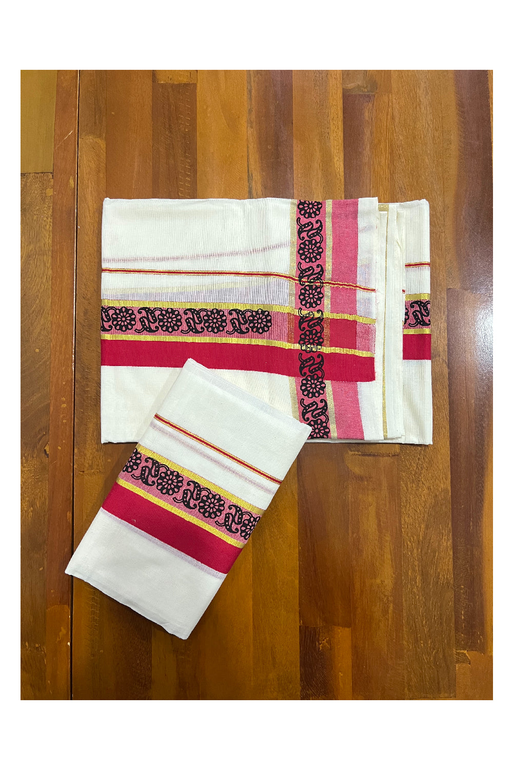 Kerala Cotton Kasavu Set Mundu (Mundum Neriyathum) with Black Floral Block Prints in Red Border