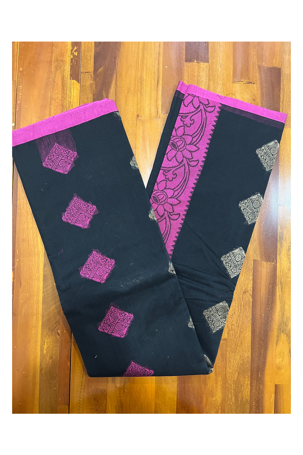 Southloom Black Cotton Designer Saree with Magenta and Zari Woven Patterns