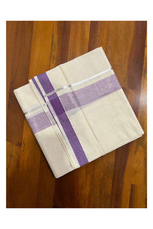 Pure Cotton Off White Double Mundu with Violet and Silver Kasavu Border (South Indian Dhoti)