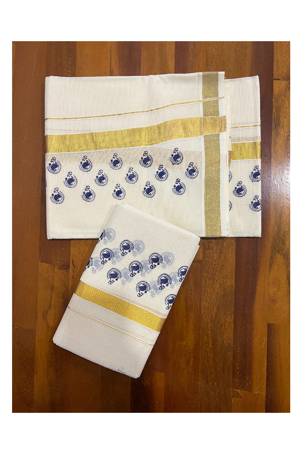 Kerala Cotton Kasavu Set Mundu (Mundum Neriyathum) with Blue Paisley Block Prints on Border