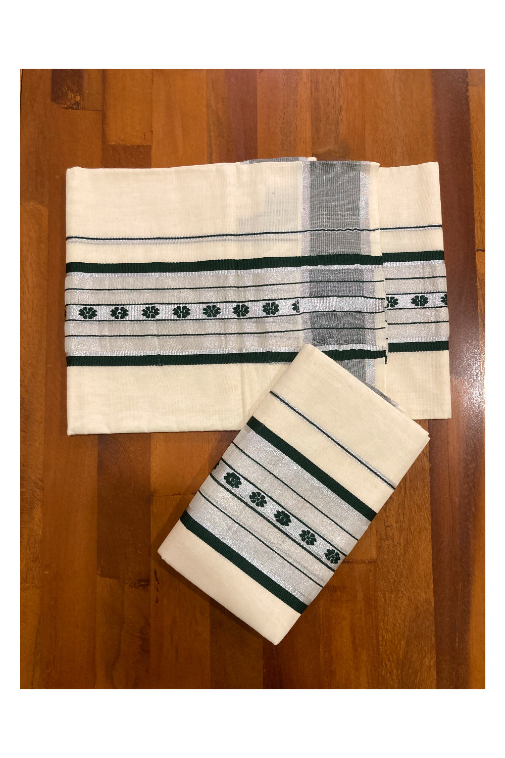 Cotton Silver Kasavu Set Mundu (Mundum Neriyathum) with Dark Green Woven Works on Border