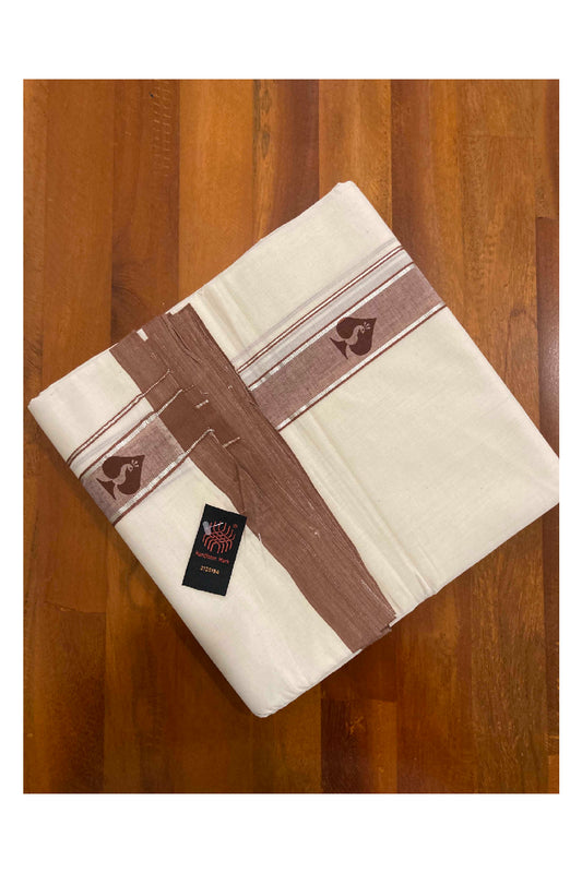 Southloom Balaramapuram Handloom Mundu with SIlver Kasavu and Brown Block Printed Border