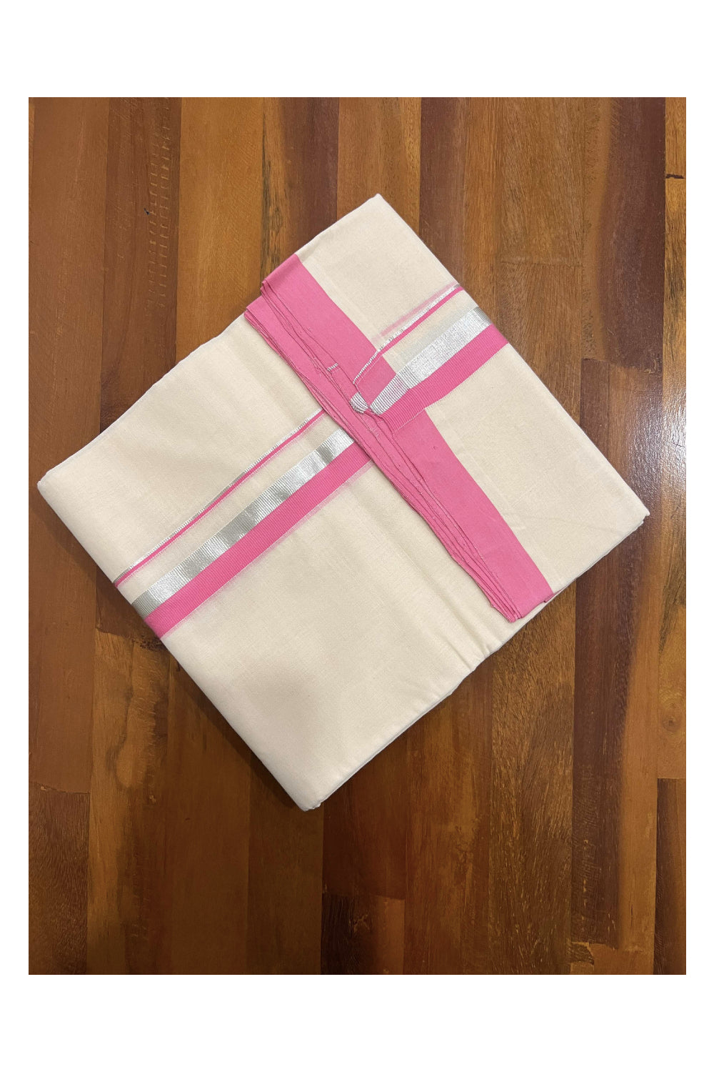 Off White Pure Cotton Double Mundu with Silver Kasavu and Pink Kara (South Indian Dhoti)