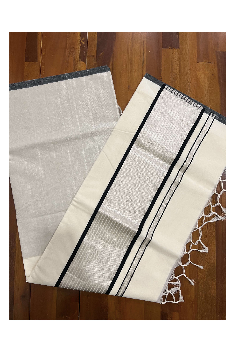 Southloom™ Balaramapuram Handloom Half & Half (Cotton / Silver Tissue) Kerala Saree with Black and Silver Kasavu Border