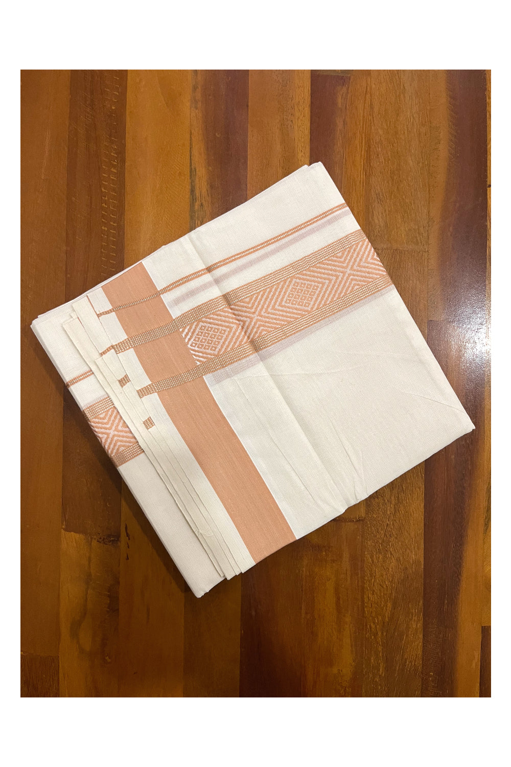 Pure Cotton Off White Double Mundu with Silver Kasavu and Sandal Woven Border (South Indian Dhoti)