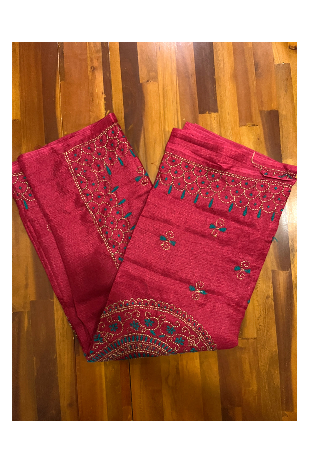 Southloom Semi Tussar Kantha Thread Work Maroon Saree