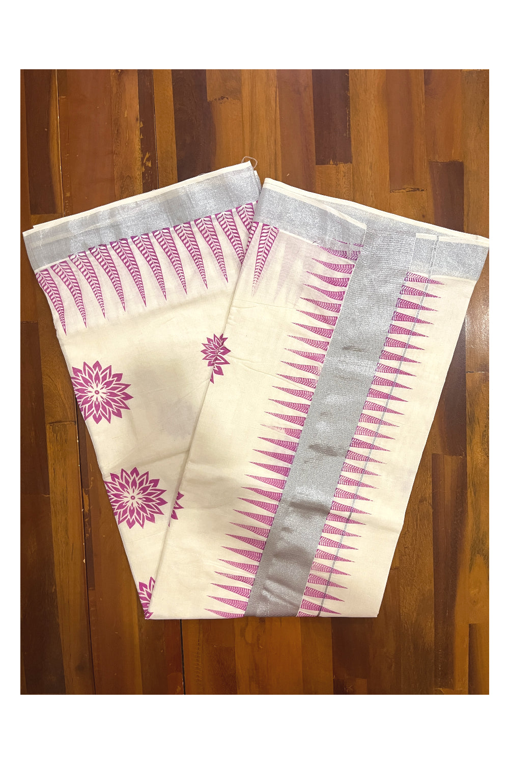 Pure Cotton Kerala Saree with Pink Temple Block Prints and Silver Kasavu Border (Onam Saree 2023)