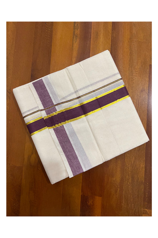 Off White Pure Cotton Double Mundu with Kasavu and Purple Kara (South Indian Dhoti)