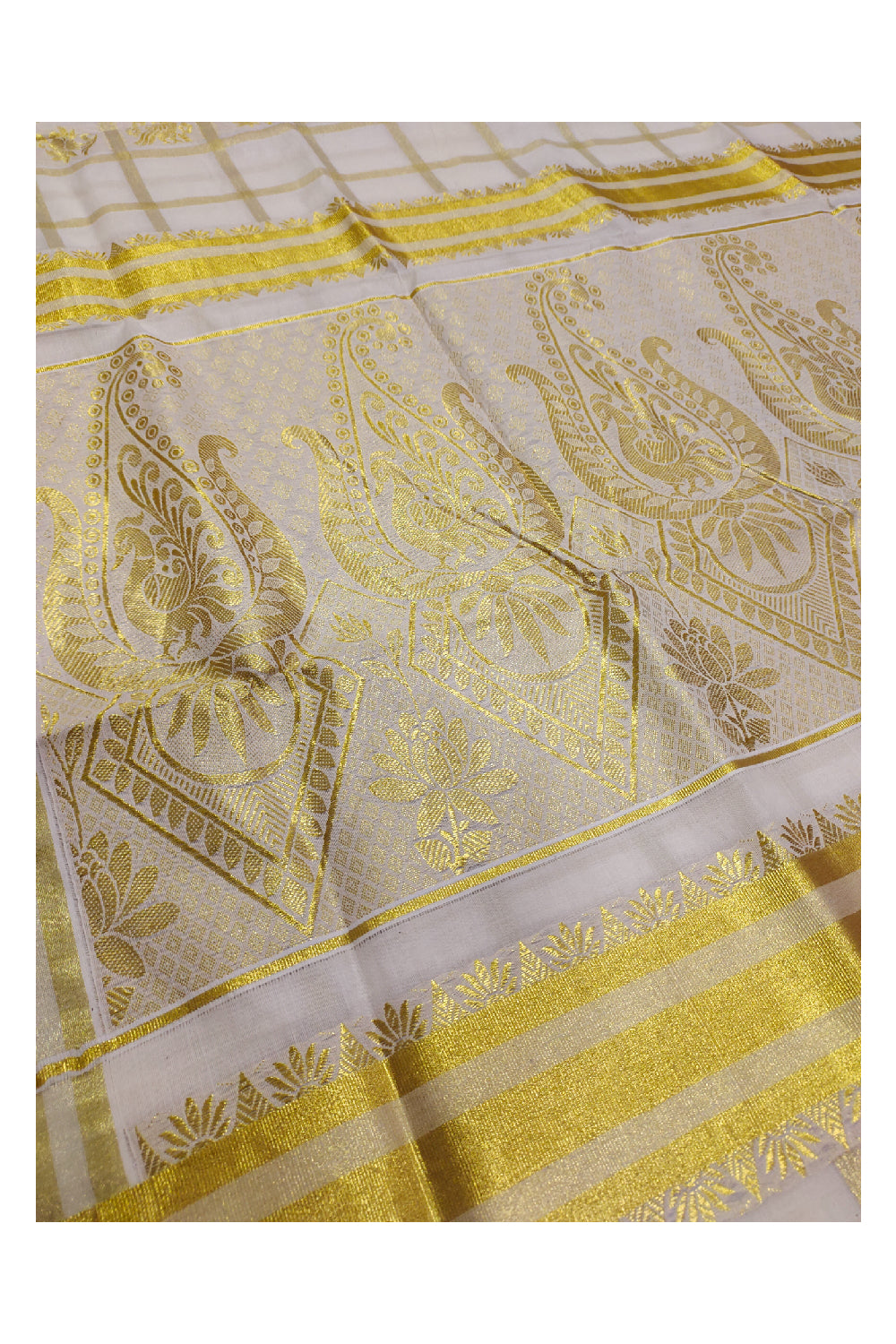 Kerala Kasavu Heavy Woven Work Saree with Peacock Design