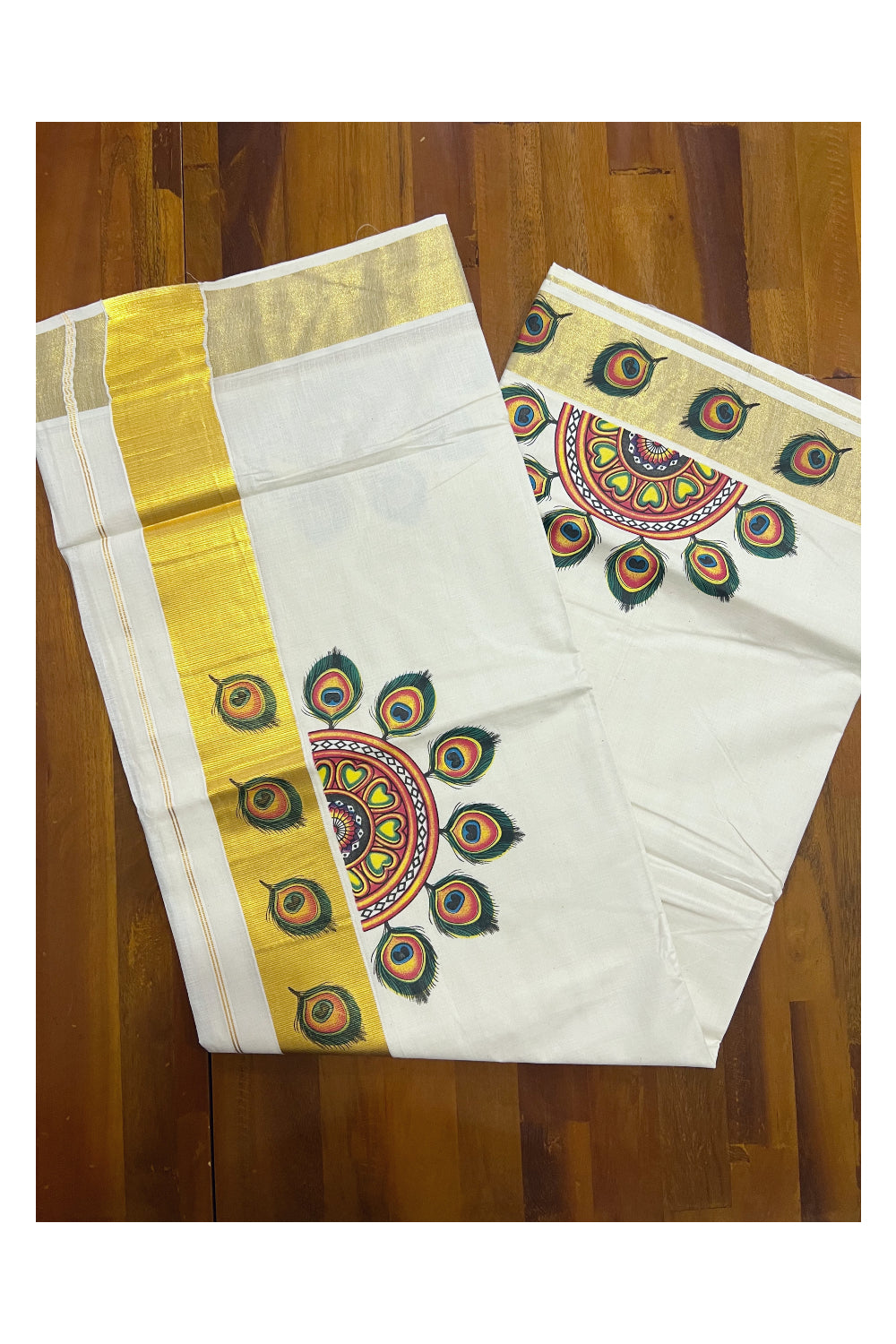 Pure Cotton Kerala Kasavu Saree with Mural Printed Feather Semi Circle Design