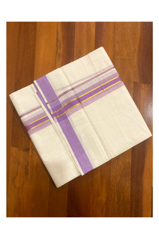 Pure Cotton Double Mundu with Violet and Kasavu Border (South Indian Kerala Dhoti)