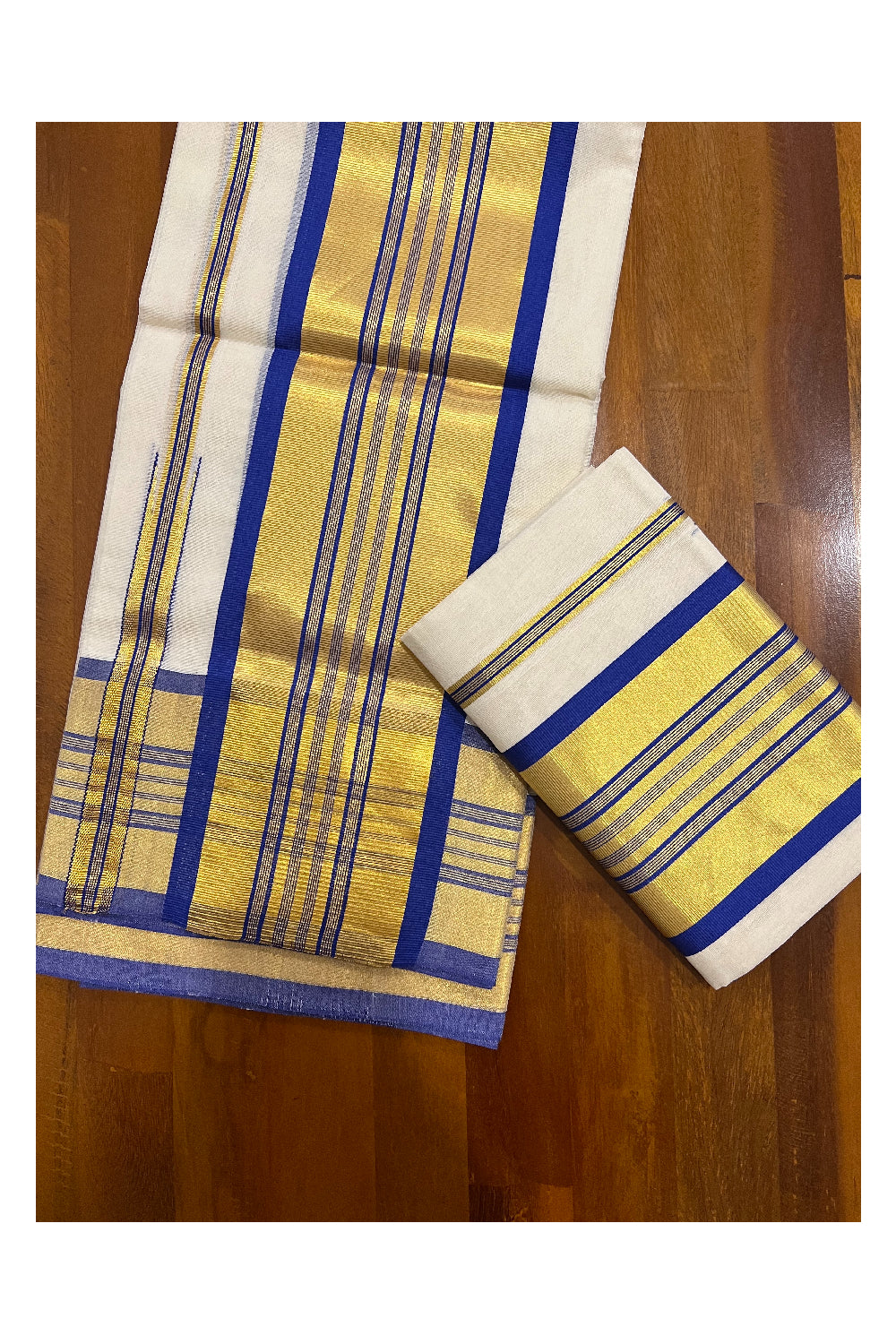 Southloom Premium Handloom Set Mundu with Kasavu and Blue Stripes Border 2.80 Mtrs