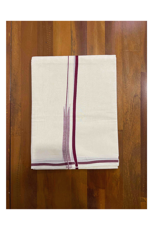 Off White Pure Cotton Double Mundu with Maroon Puliyilakkara Border (South Indian Dhoti)