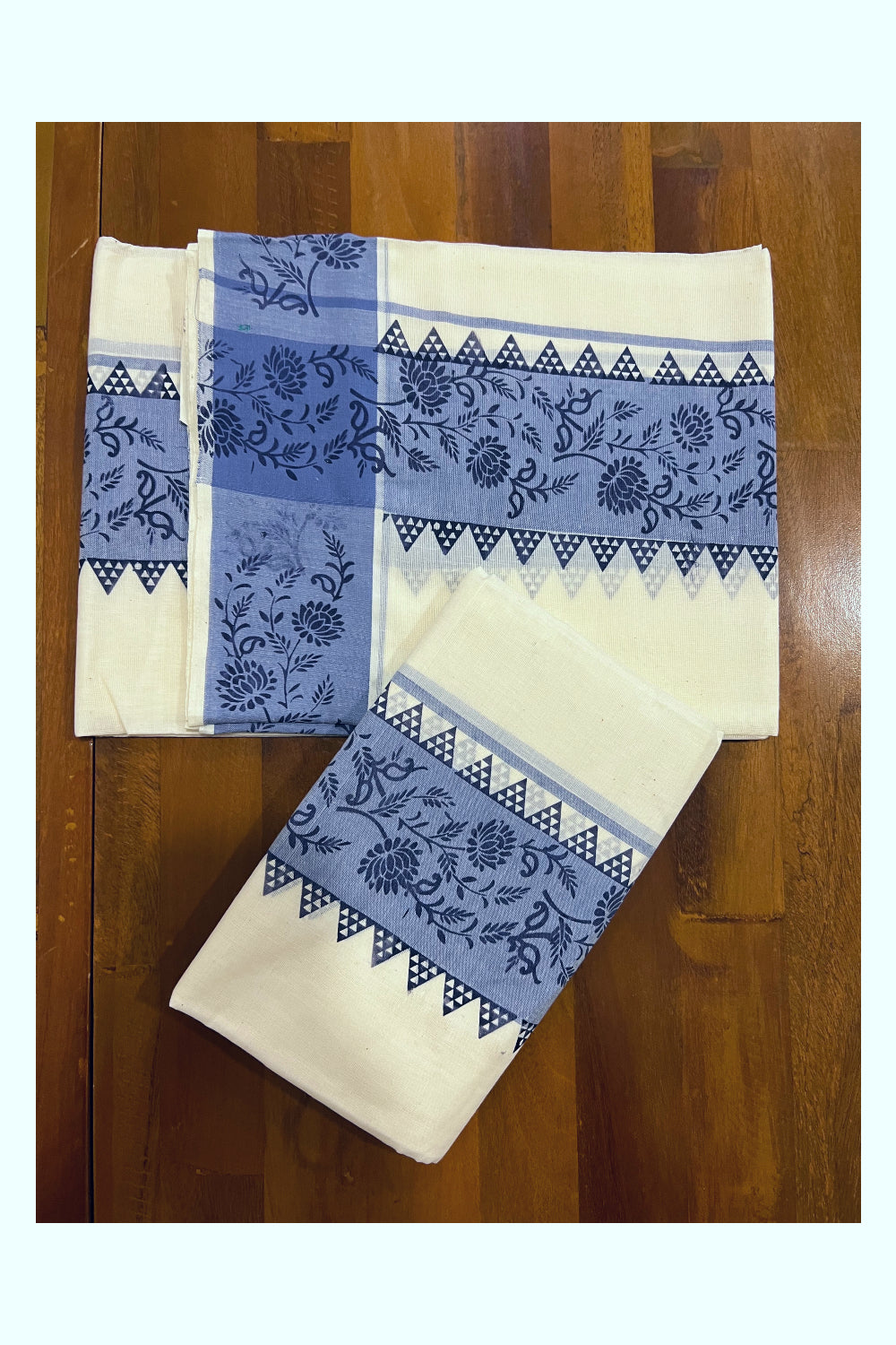 Kerala Cotton Set Mundu (Mundum Neriyathum) with Blue Floral Temple Block Prints on Border