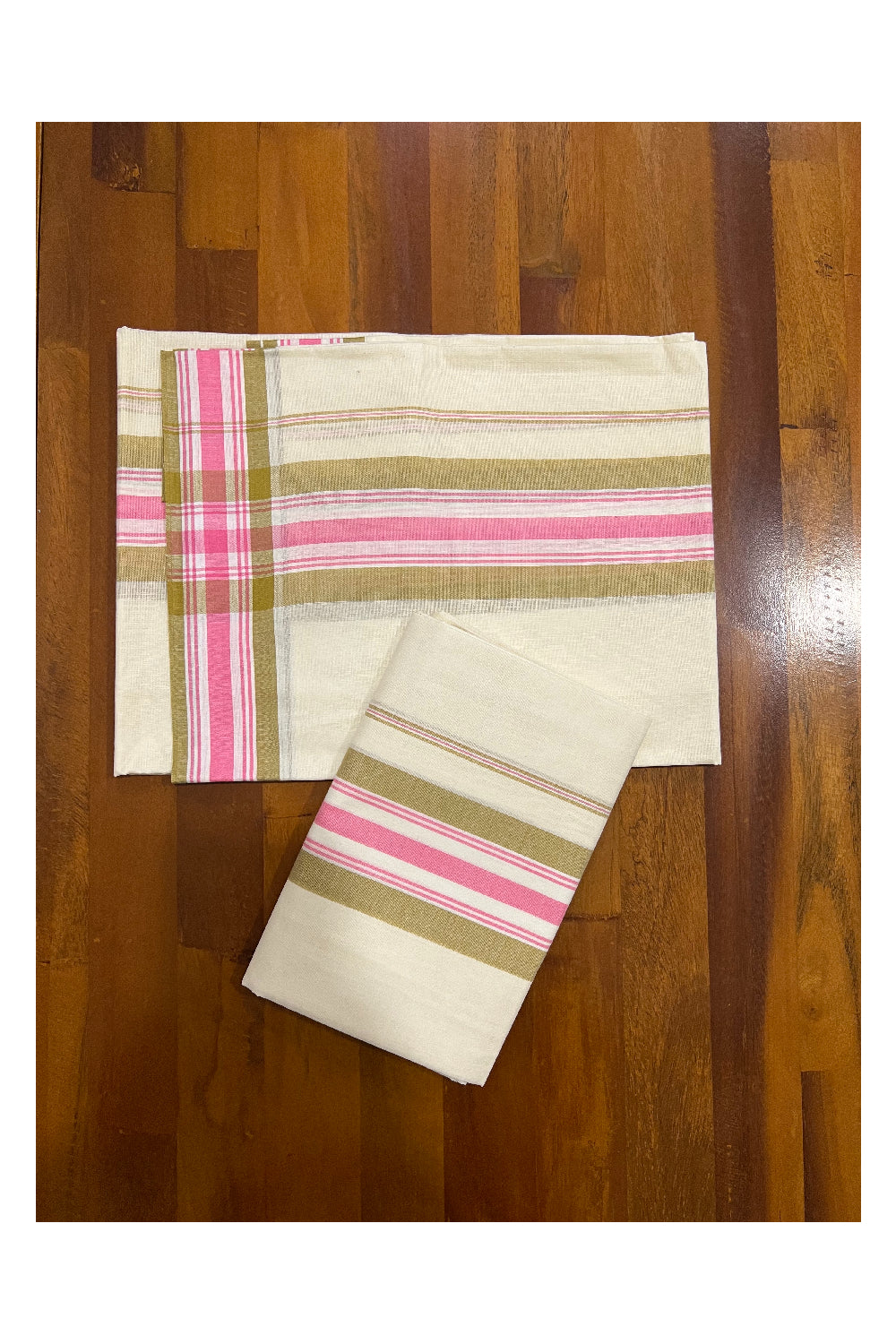 Kerala Cotton Mundum Neriyathum Single (Set Mundu) with Pink and Yellow Mulloth Border (Extra Soft Cotton)