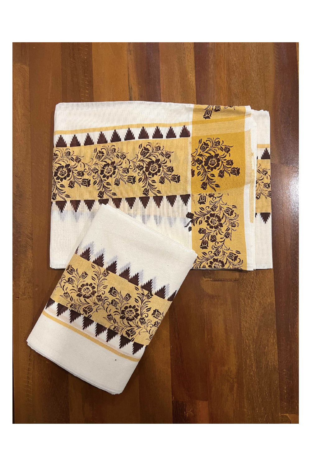 Kerala Cotton Set Mundu (Mundum Neriyathum) with Yellow Brown Floral Block Printed Temple Border