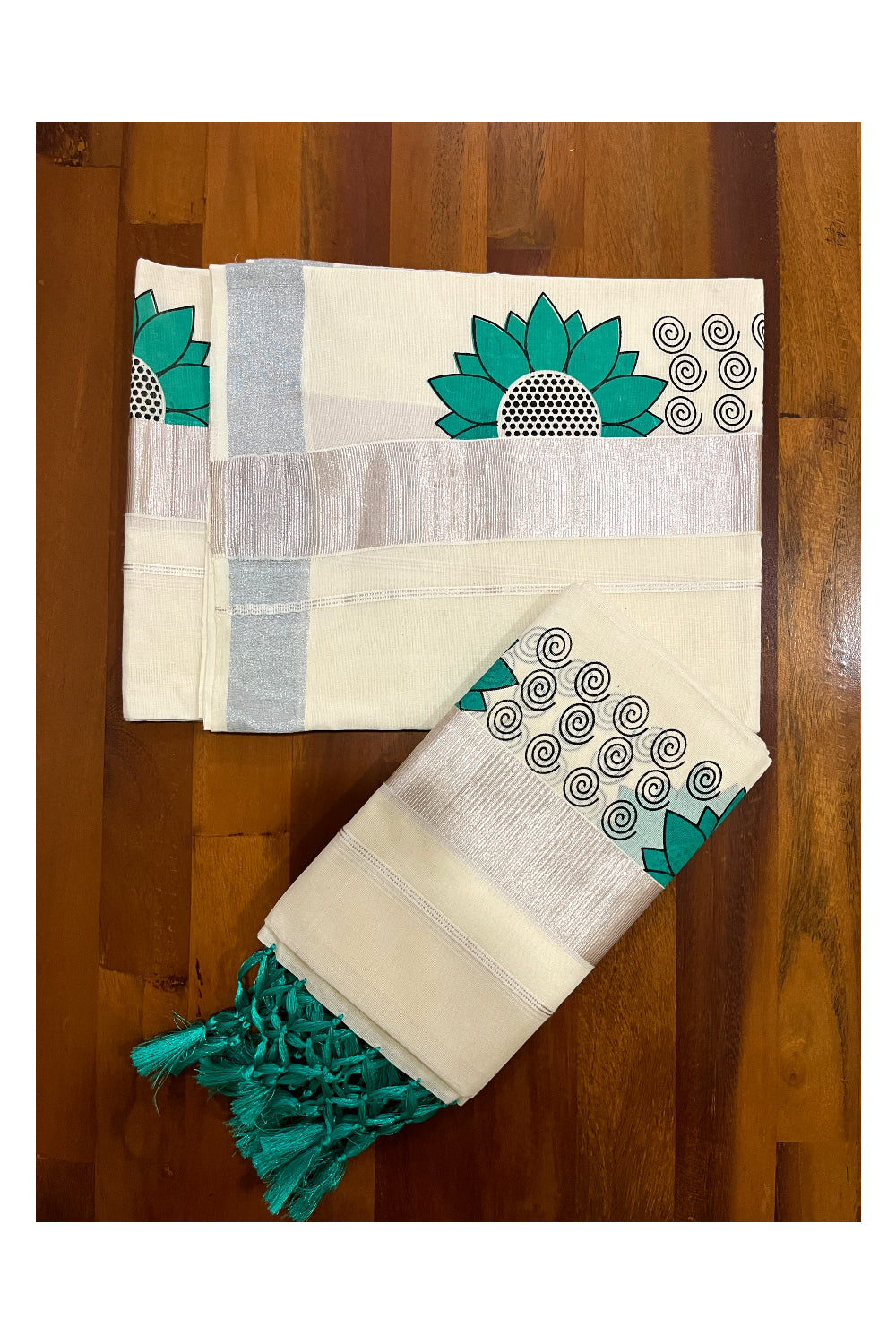 Pure Cotton Single Set Mundu (Mundum Neriyathum Vishu 2023) with Silver Kasavu Green Floral Block Prints and Tassels Work 2.80 Mtrs