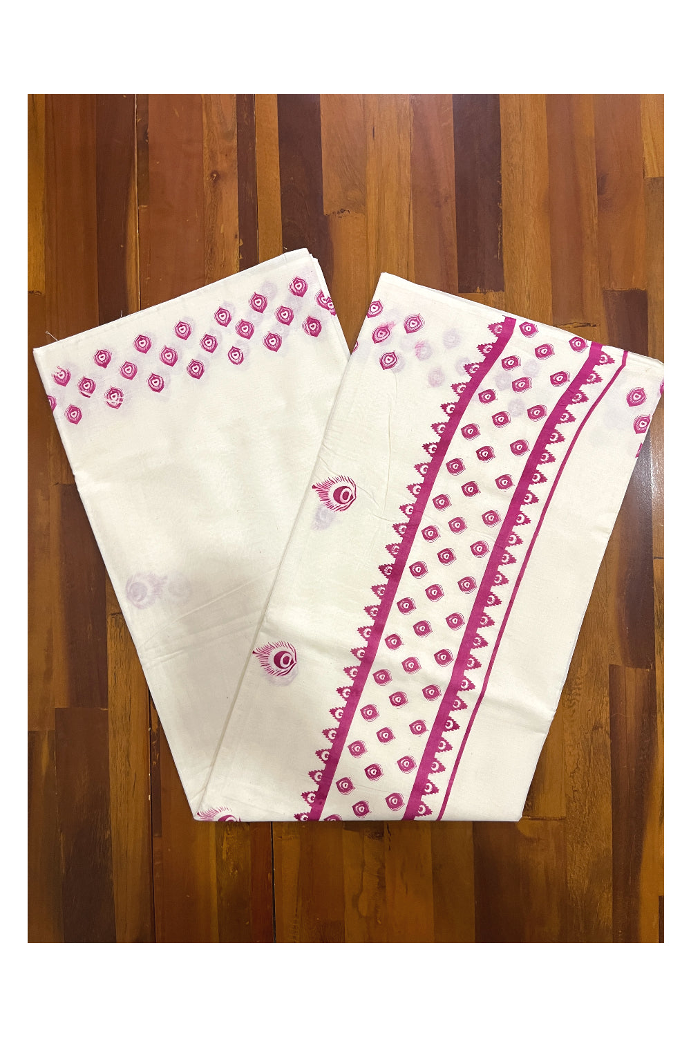 Pure Cotton Off White Kerala Saree with Pink Block Print Border (Onam 2024 Collection)