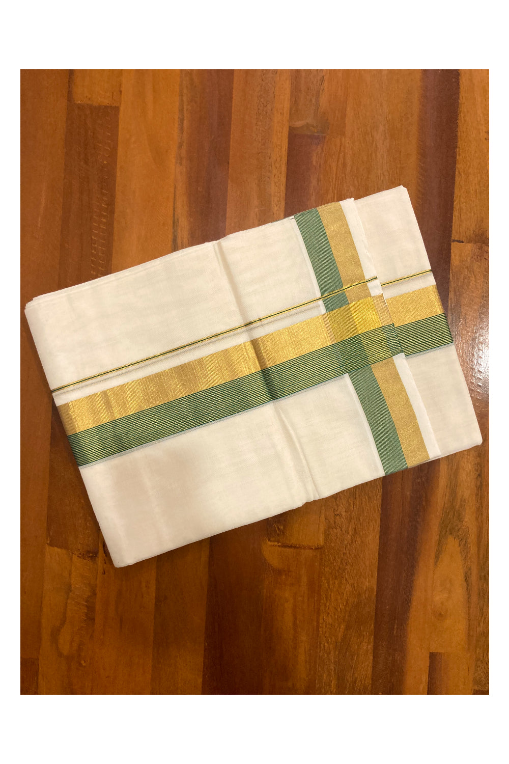 Southloom Premium Handloom Pure Cotton Mundu with Kasavu and Green Line Border (South Indian Dhoti)