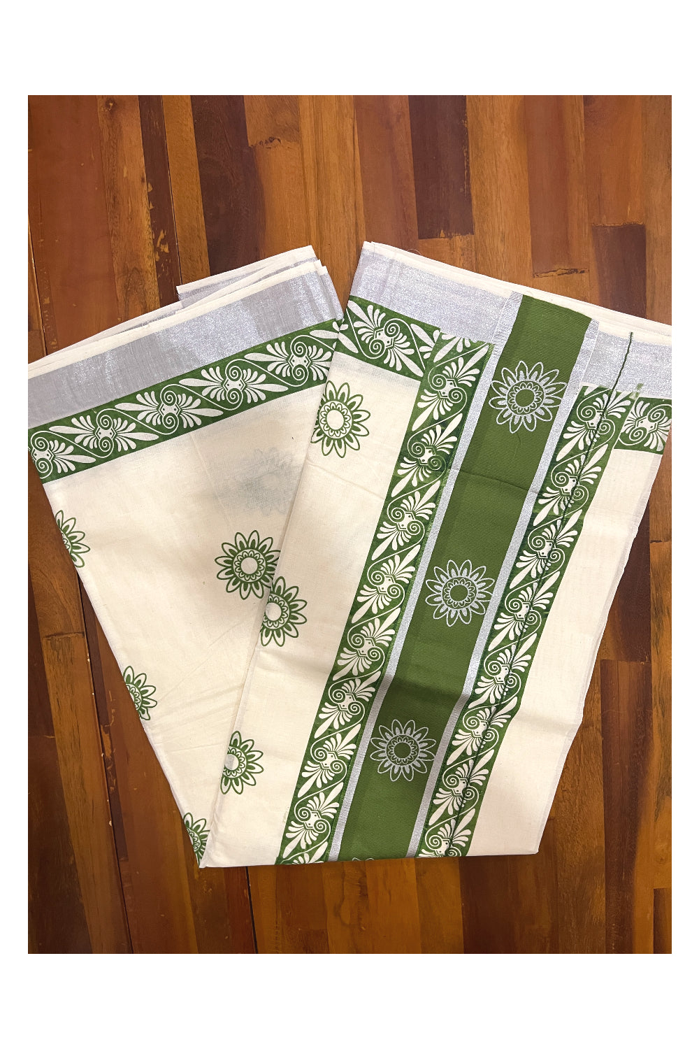 Pure Cotton Kerala Saree with Green Block Prints and Silver Kasavu Border (Onam Saree 2023)