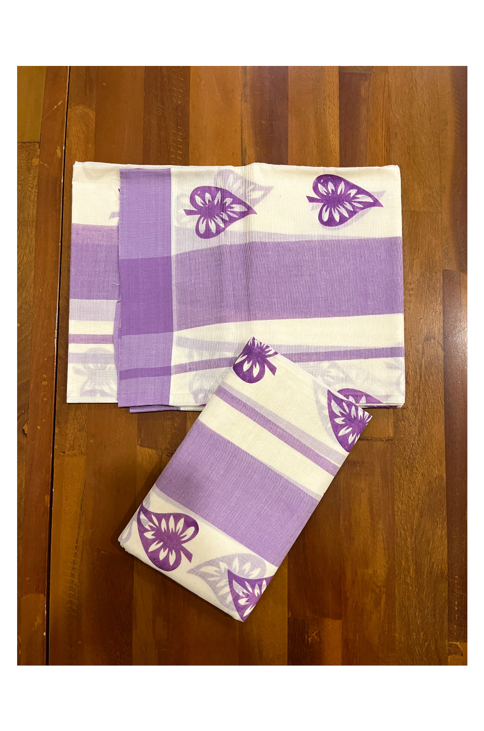 Pure Cotton Single Set Mundu (Mundum Neriyathum Onam 2023) with Violet Block Prints and Border