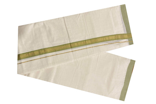 Off White Cotton Mundu with Pale Green and Kasavu Border (South Indian Dhoti)