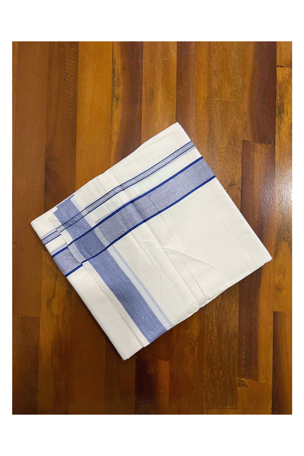 Pure White Cotton Mundu with Silver Blue Kara (South Indian Dhoti)