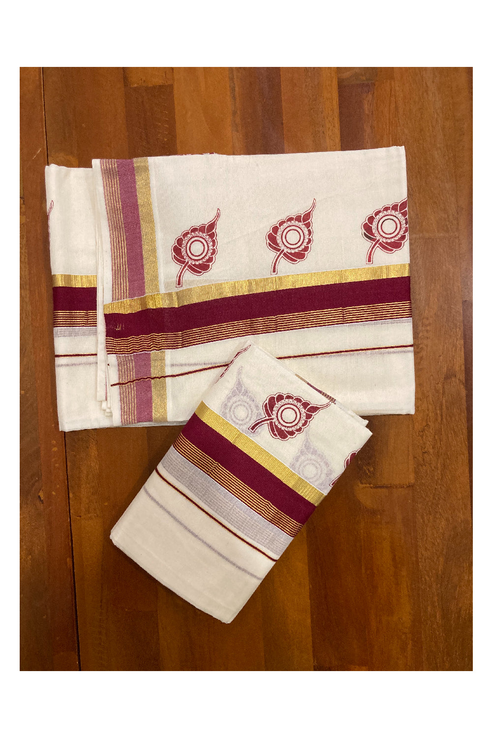 Pure Cotton Kasavu Set Mundu (Mundum Neriyathum) with Maroon Leaf Block Prints on Border