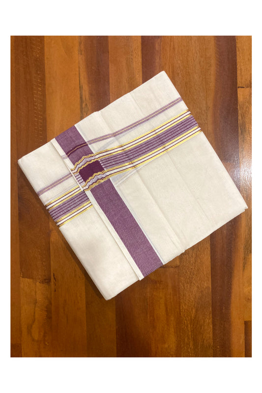 Pure Cotton Off White Double Mundu with Violet and Kasavu Border (South Indian Dhoti)