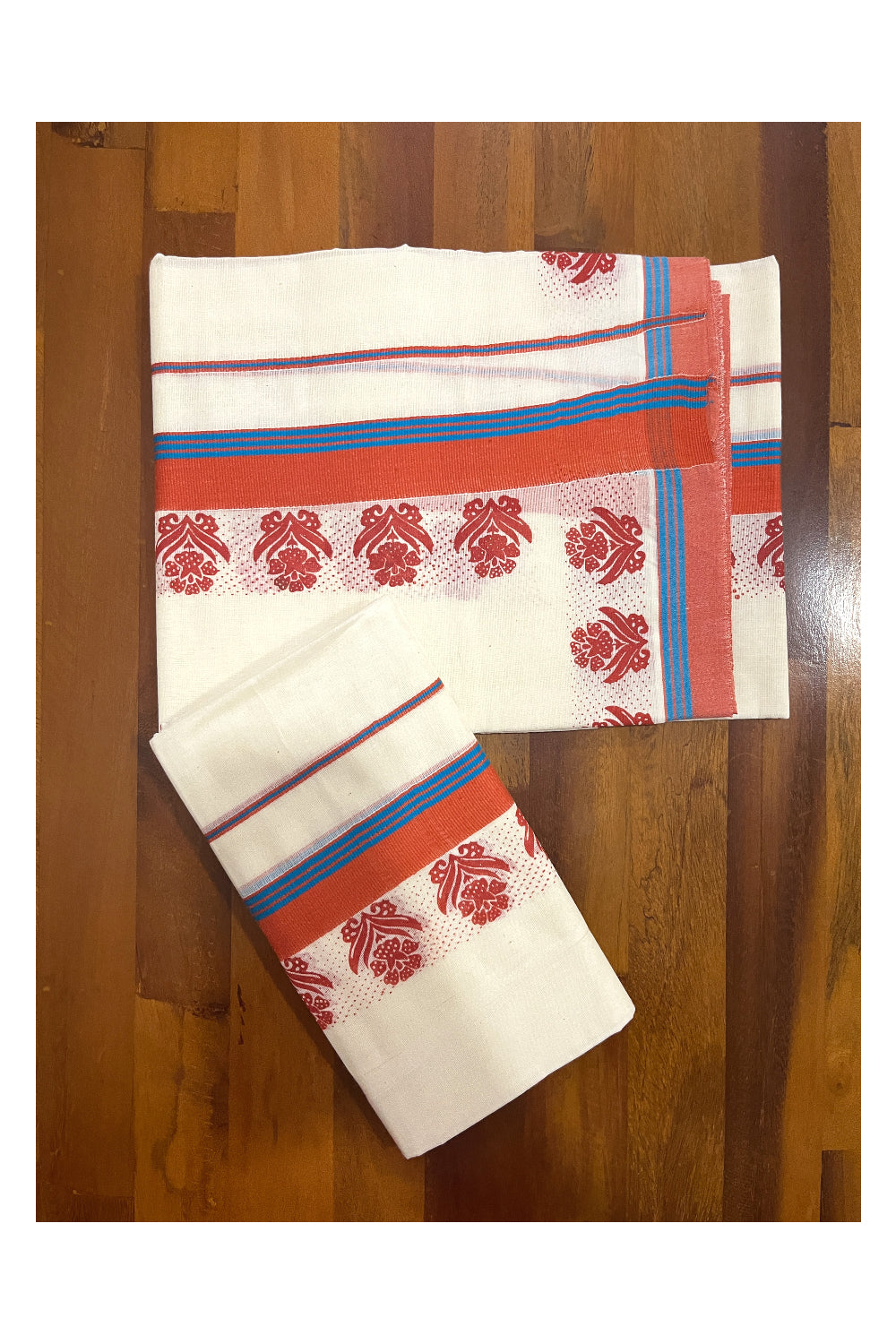 Kerala Cotton Single Set Mundu (Mundum Neriyathum) with Orange Block Prints on Border