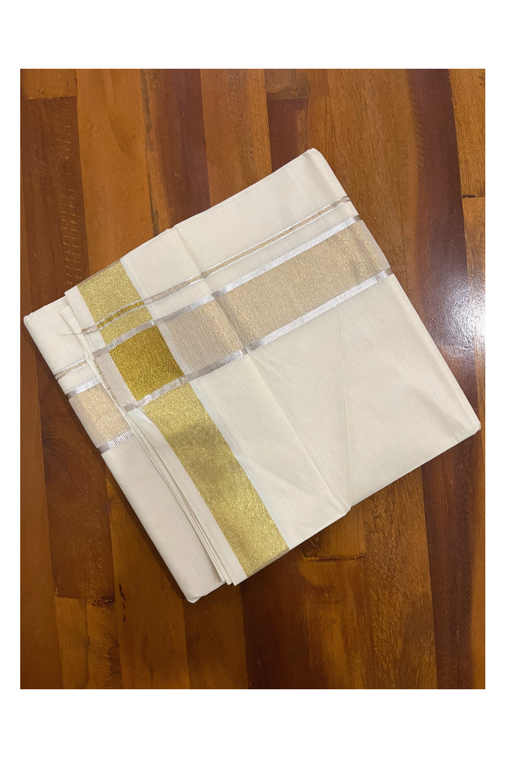 Pure Cotton Off White Double Mundu with Silver and Golden Kasavu Border (South Indian Dhoti)