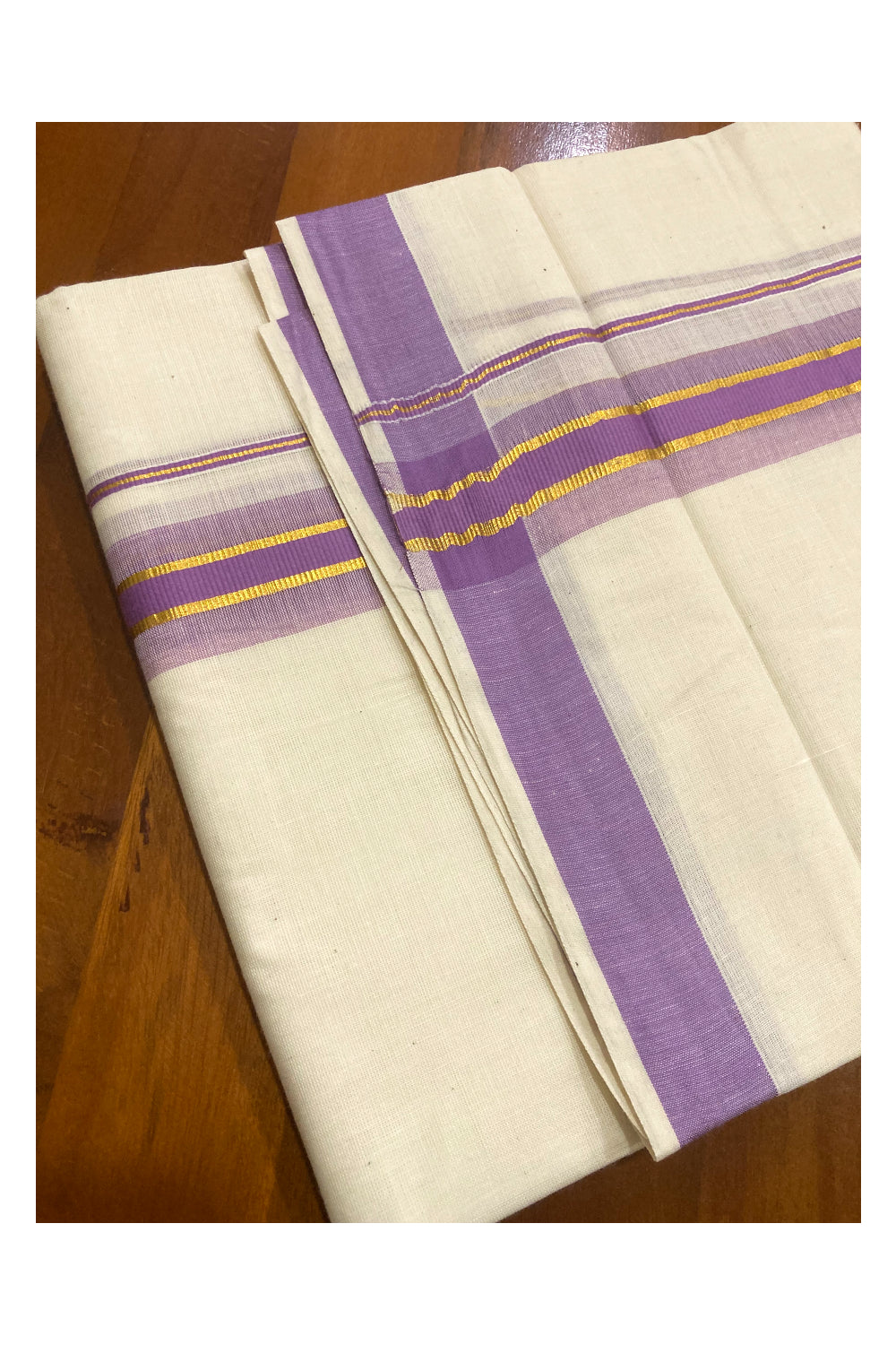 Pure Cotton Double Mundu with Violet and Kasavu Border (South Indian Kerala Dhoti)